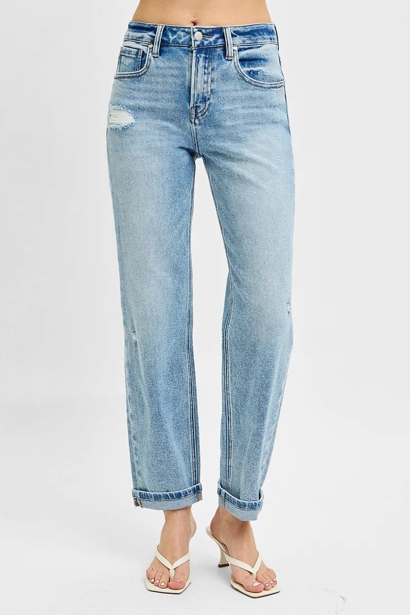 RISEN - Cuffed Distressed Straight Jeans – Light Wash