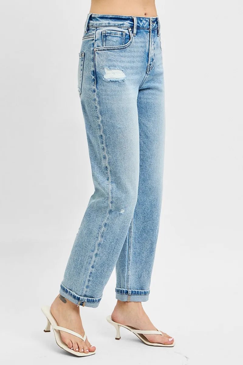 RISEN - Cuffed Distressed Straight Jeans – Light Wash