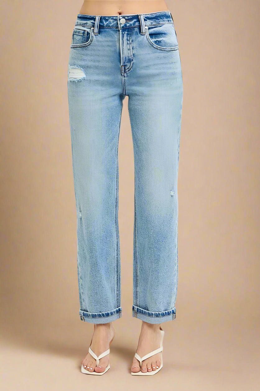 RISEN - Cuffed Distressed Straight Jeans – Light Wash