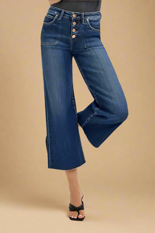 RISEN - Dark Wash Button Fly Wide Leg Jeans