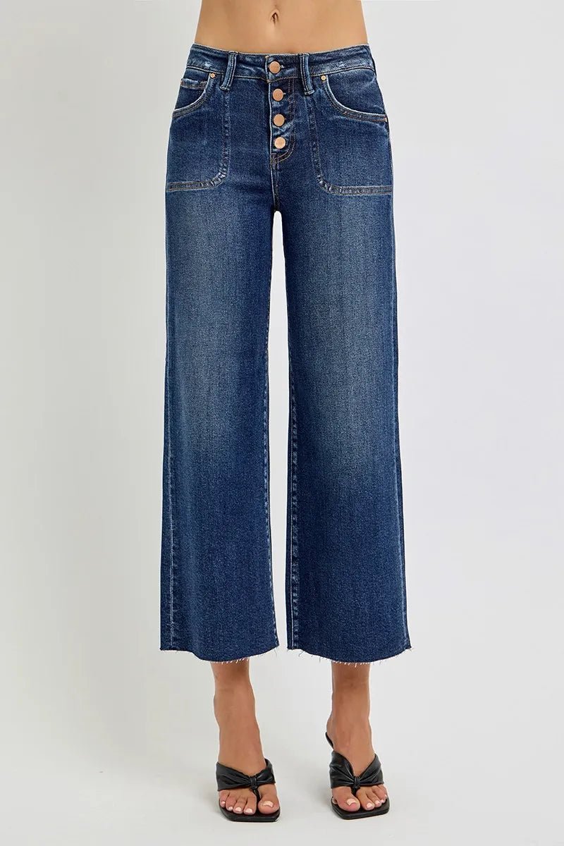 RISEN - Dark Wash Button Fly Wide Leg Jeans