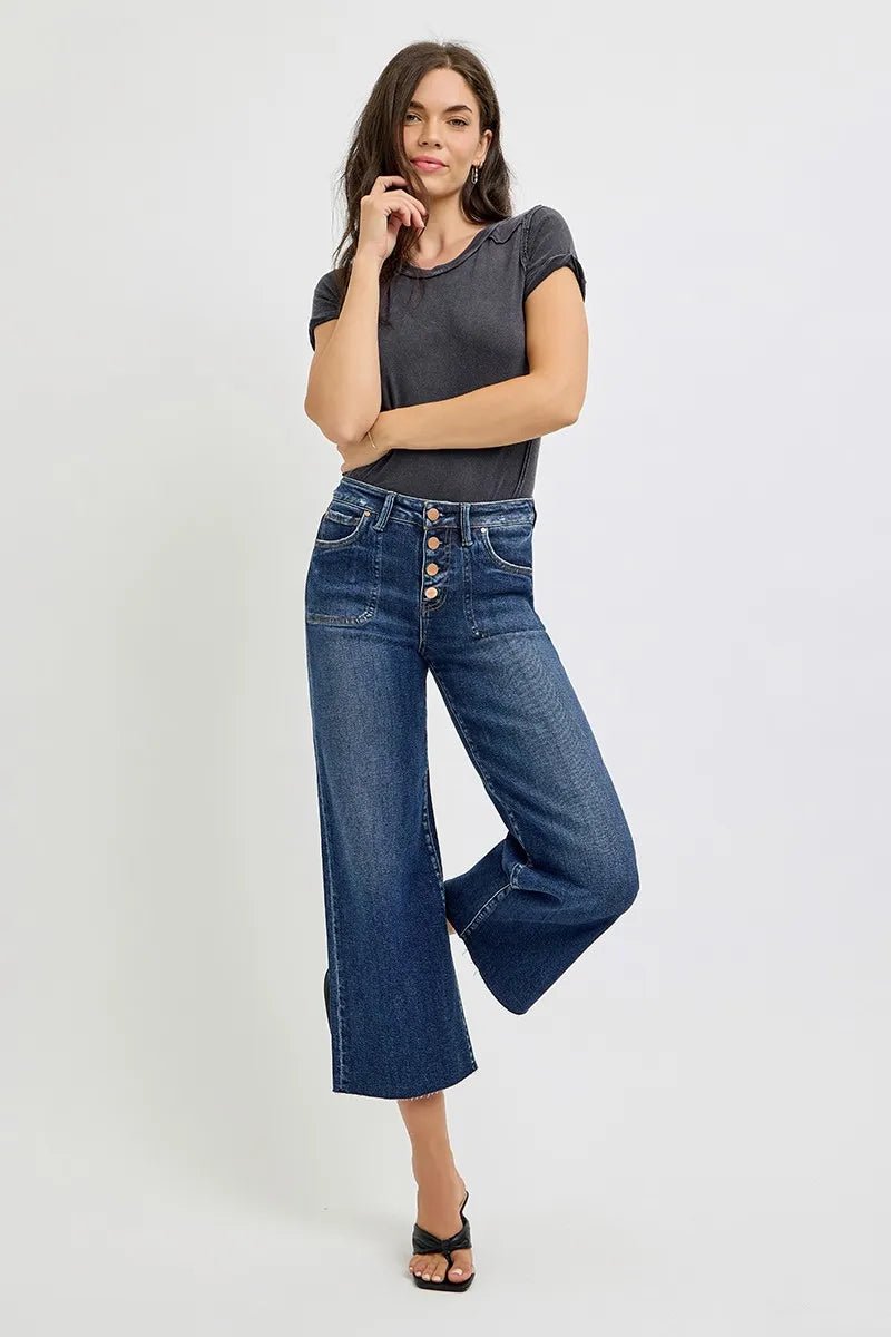 RISEN - Dark Wash Button Fly Wide Leg Jeans