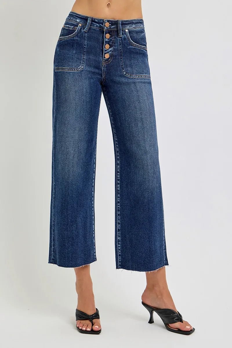 RISEN - Dark Wash Button Fly Wide Leg Jeans