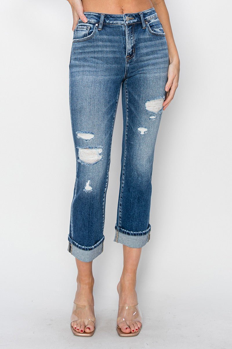 RISEN - Dark Wash Cuffed Ankle Distressed Straight Leg Jeans