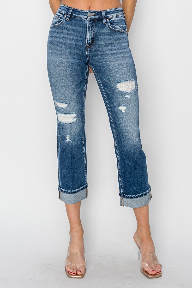 RISEN - Dark Wash Cuffed Ankle Distressed Straight Leg Jeans