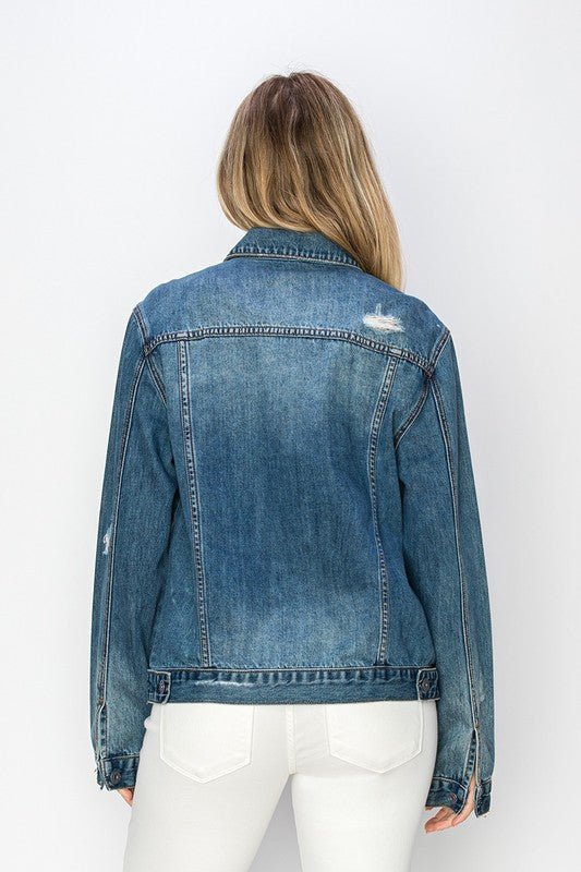 RISEN - Dark Wash Distressed Button Up Denim Jacket