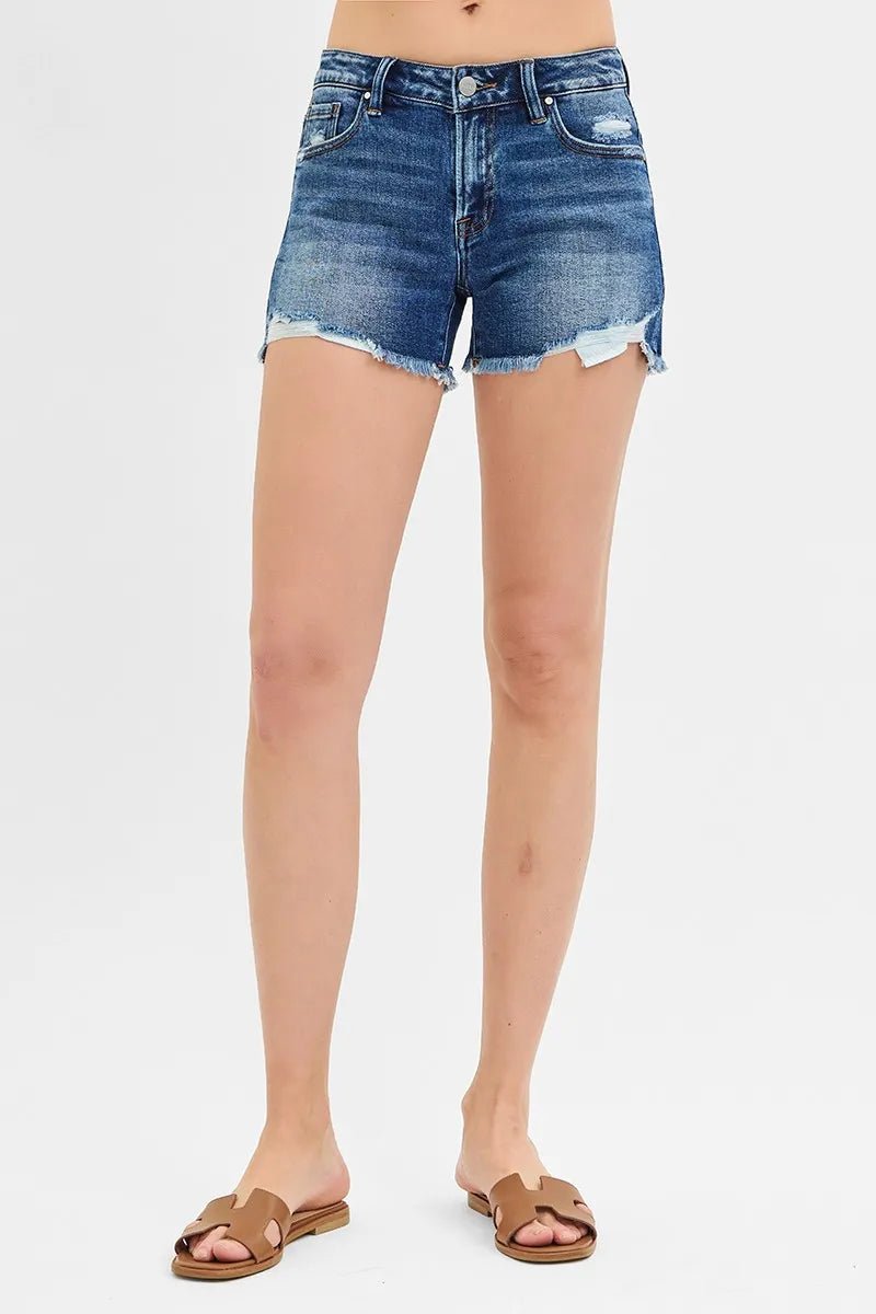 RISEN - Dark Wash Distressed Denim Shorts with Raw Hem