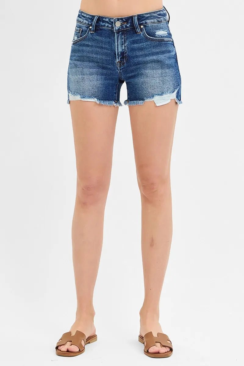 RISEN - Dark Wash Distressed Denim Shorts with Raw Hem