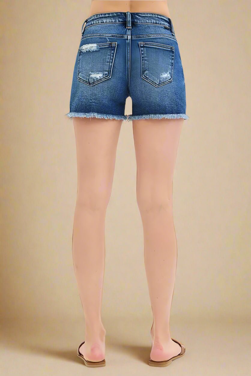 RISEN - Dark Wash Distressed Denim Shorts with Raw Hem