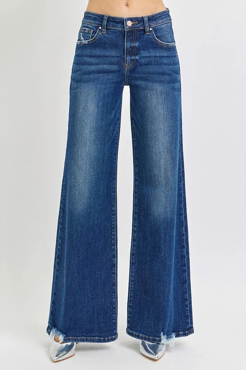 RISEN - Dark Wash Flare Jeans with Raw Hem