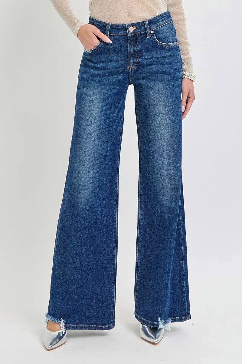 RISEN - Dark Wash Flare Jeans with Raw Hem
