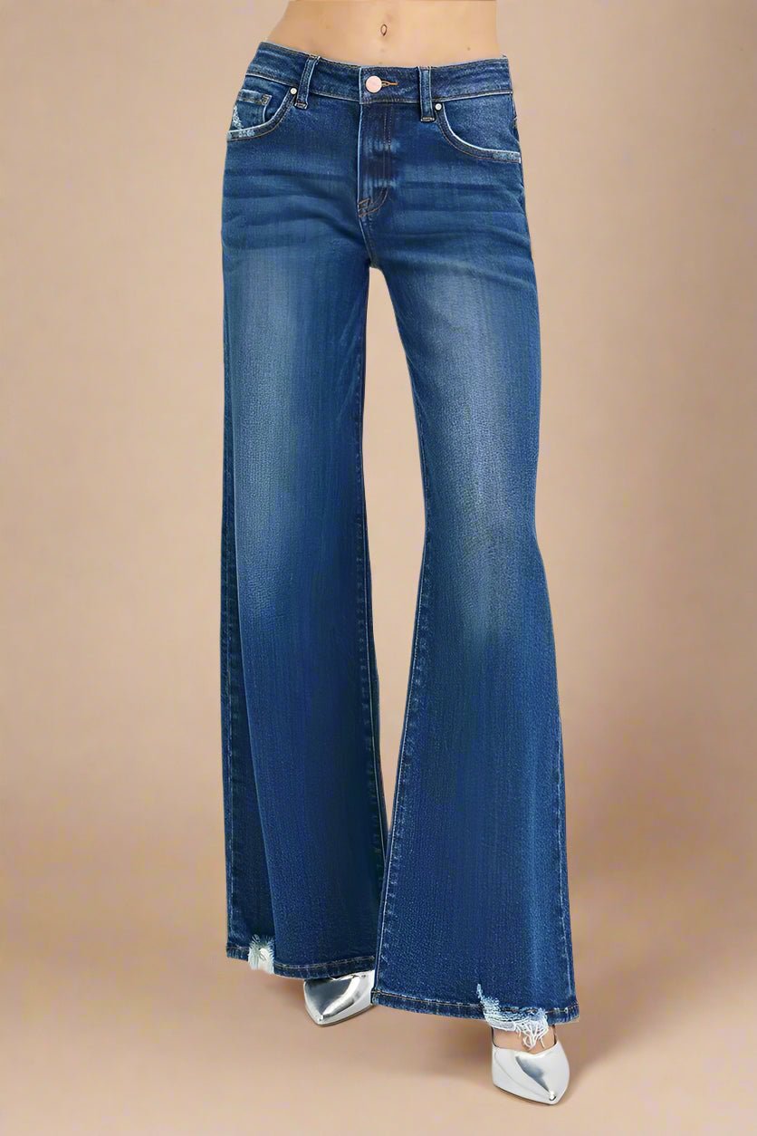 RISEN - Dark Wash Flare Jeans with Raw Hem