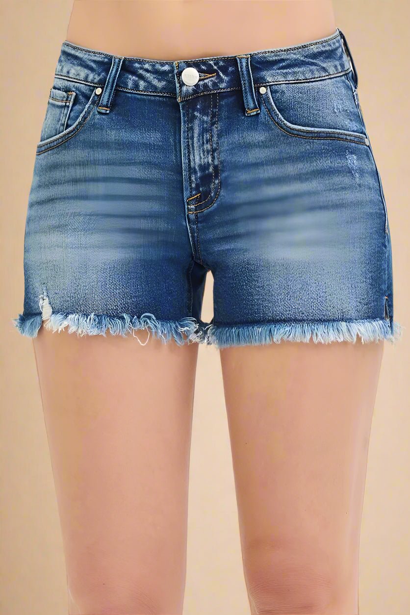 RISEN - Dark Wash Frayed Hem Denim Shorts