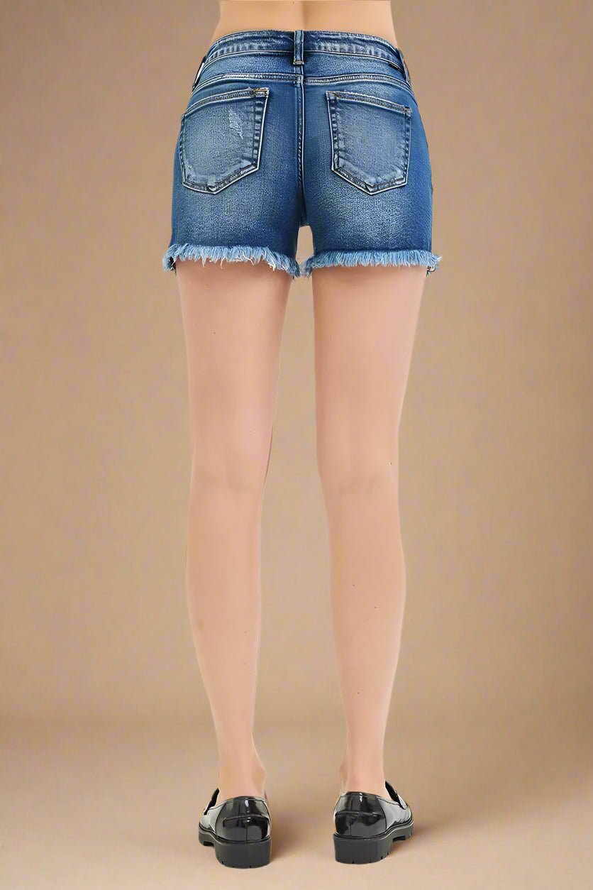 RISEN - Dark Wash Frayed Hem Denim Shorts