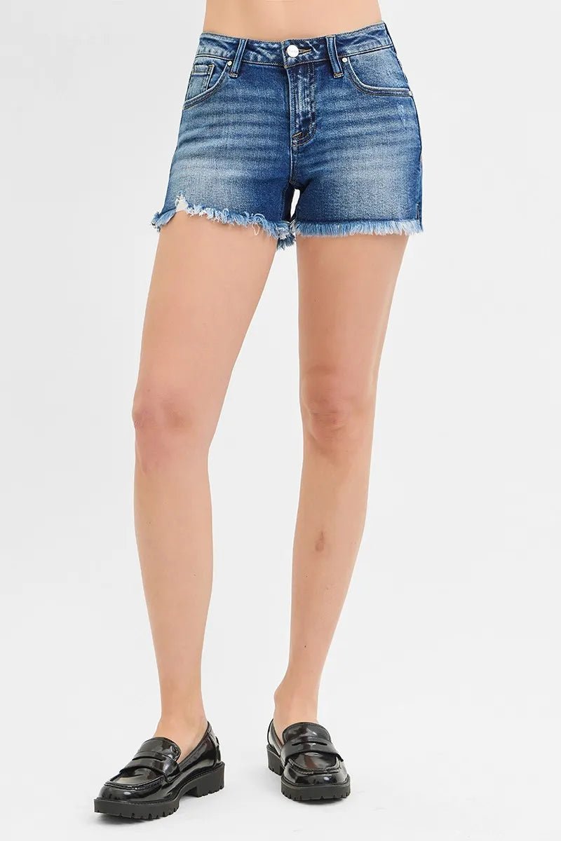 RISEN - Dark Wash Frayed Hem Denim Shorts
