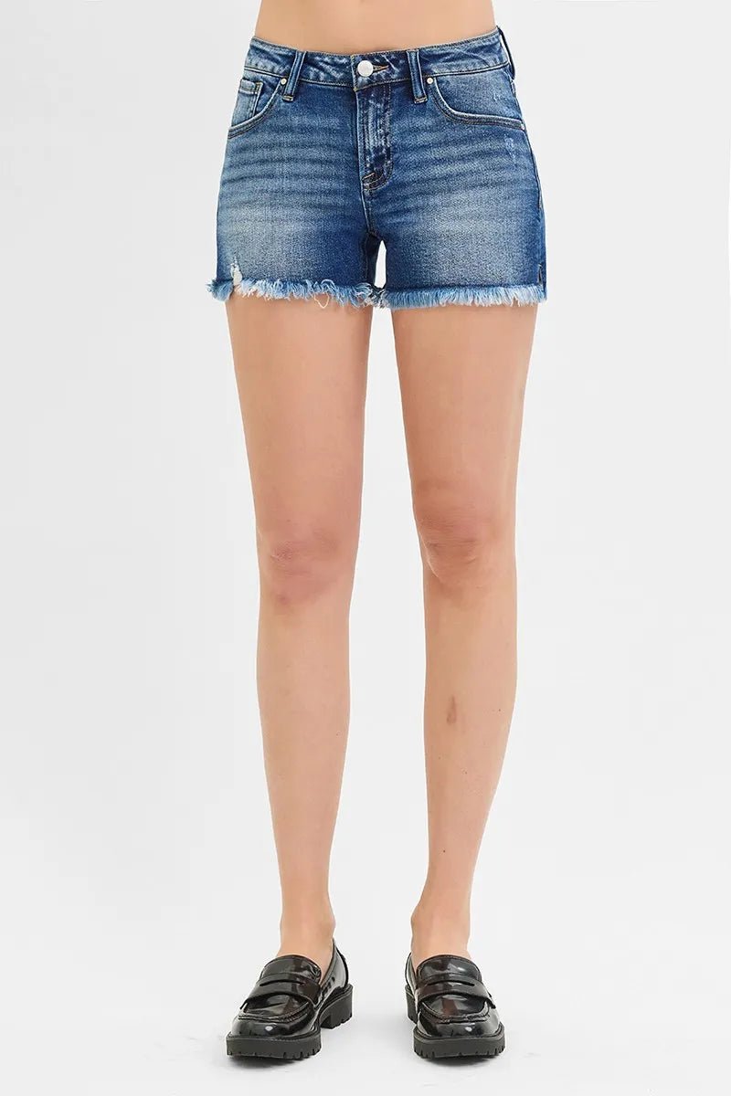 RISEN - Dark Wash Frayed Hem Denim Shorts