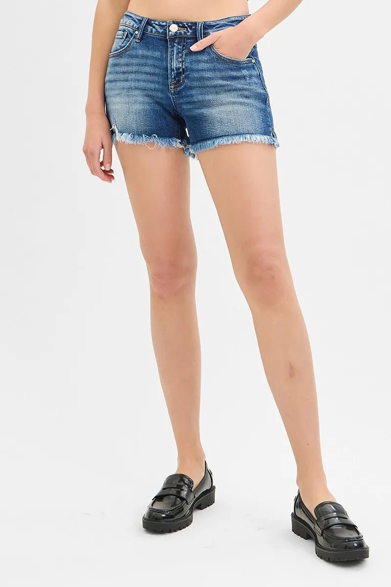 RISEN - Dark Wash Frayed Hem Denim Shorts