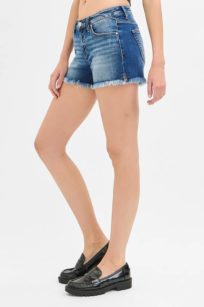 RISEN - Dark Wash Frayed Hem Denim Shorts