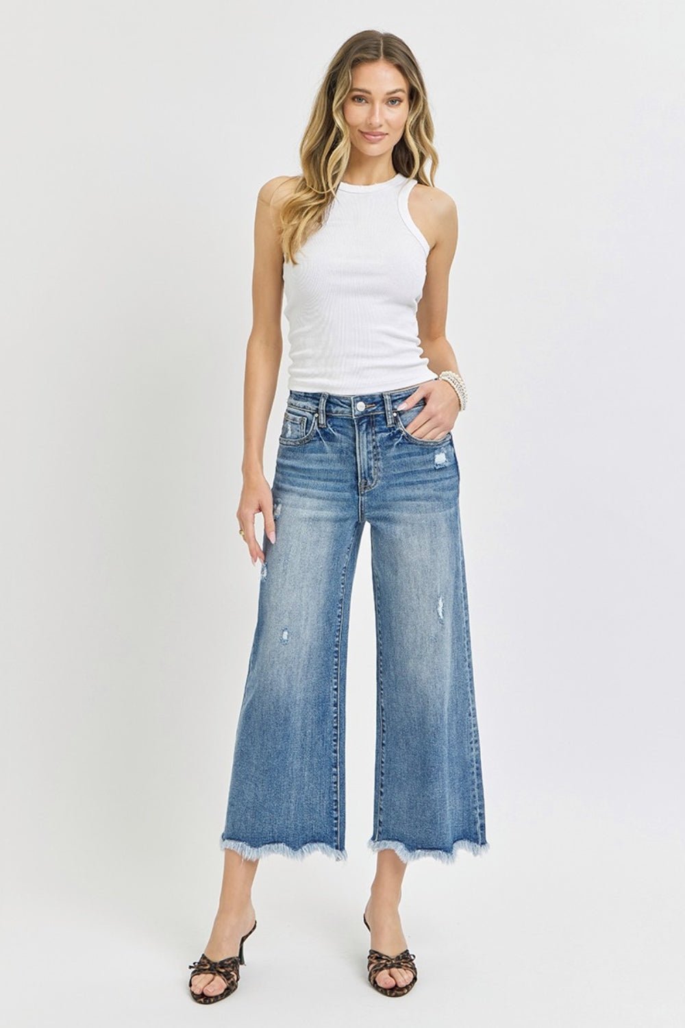 RISEN - Dark Wash High Rise Cropped Flare Jeans