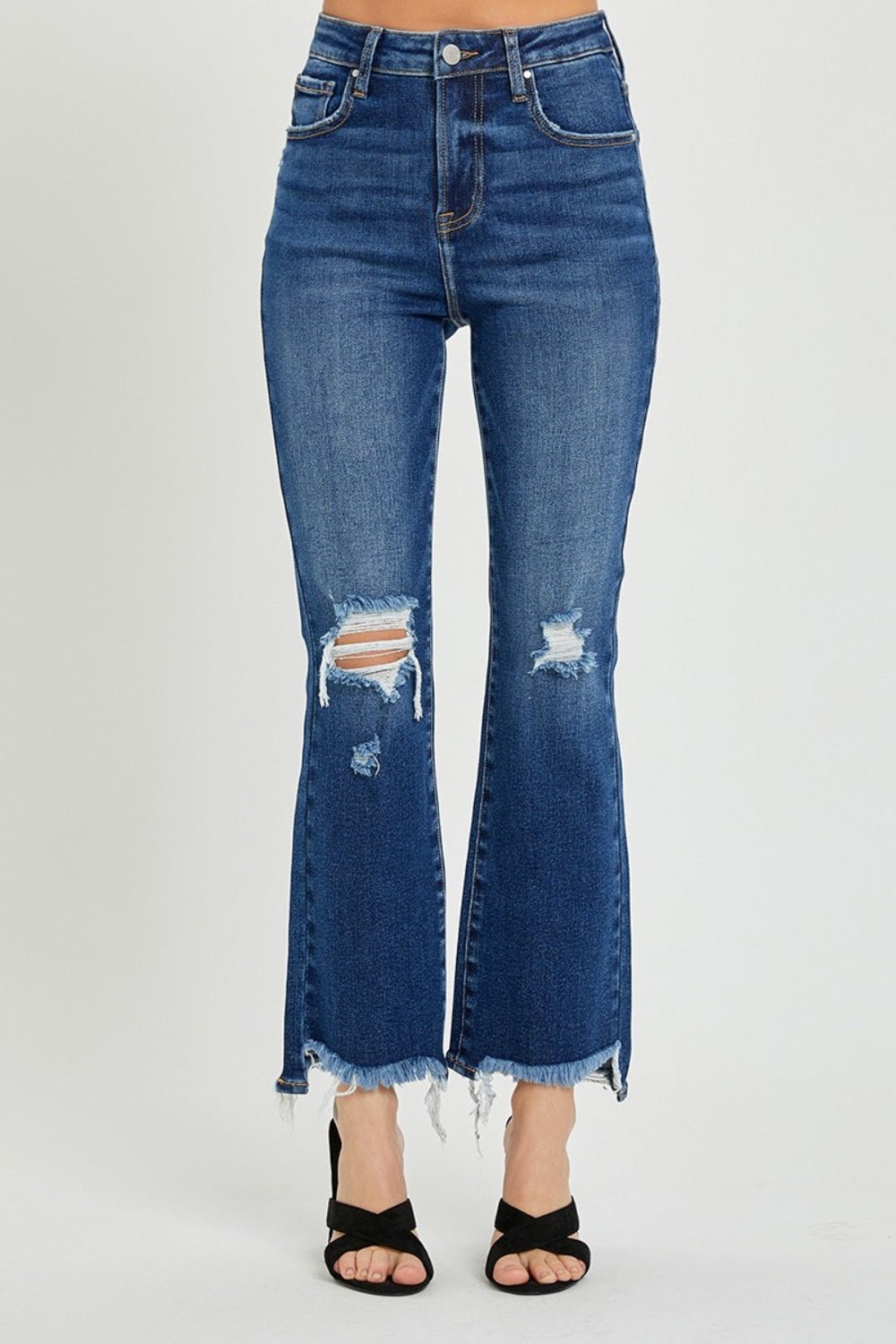 RISEN - Dark Wash High Rise Distressed Crop Flare Jeans