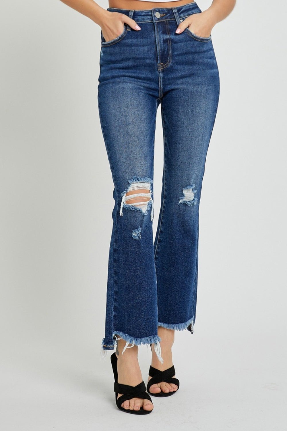 RISEN - Dark Wash High Rise Distressed Crop Flare Jeans