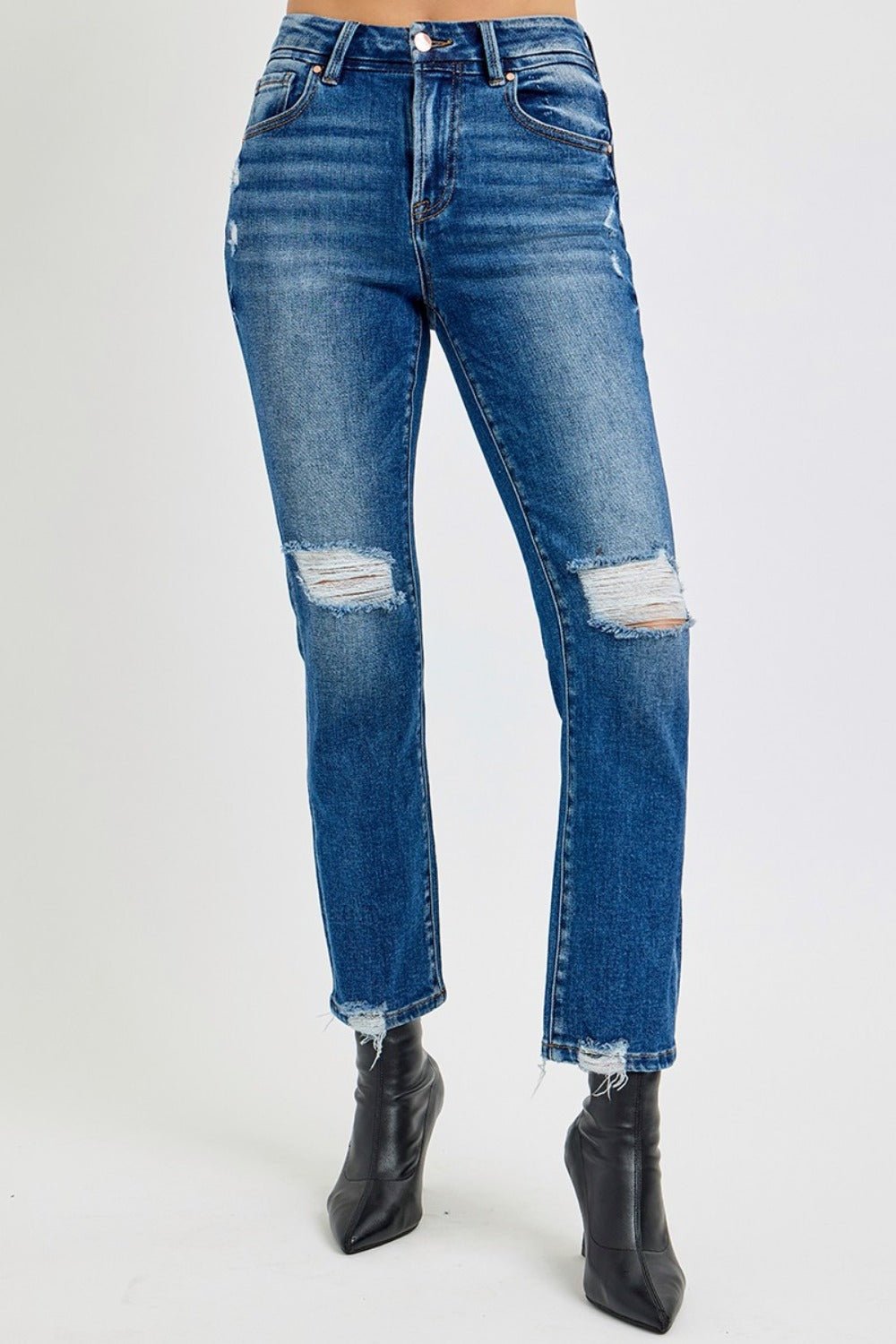 RISEN - Dark Wash High Rise Distressed Crop Jeans