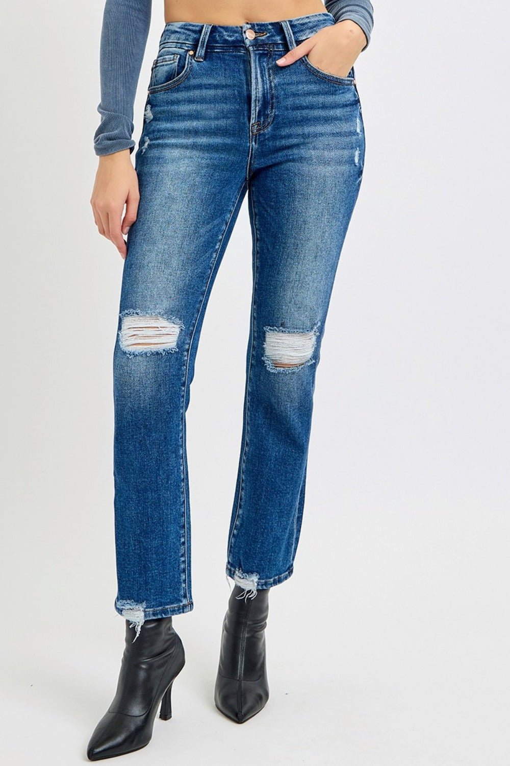 RISEN - Dark Wash High Rise Distressed Crop Jeans