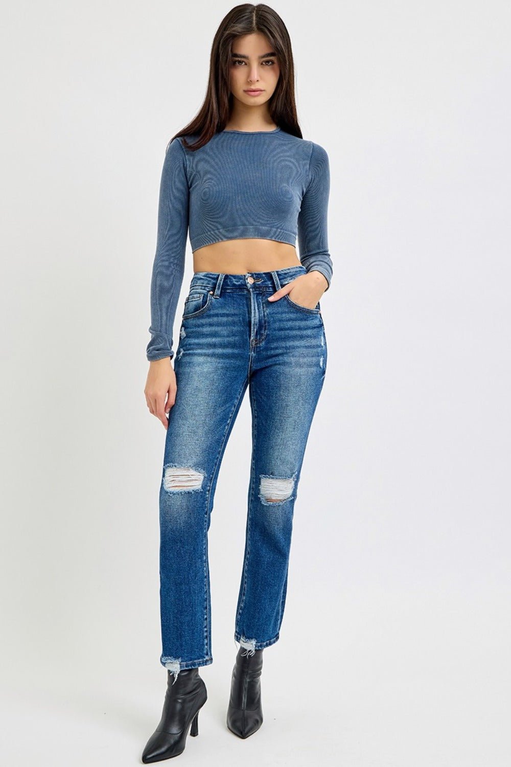 RISEN - Dark Wash High Rise Distressed Crop Jeans