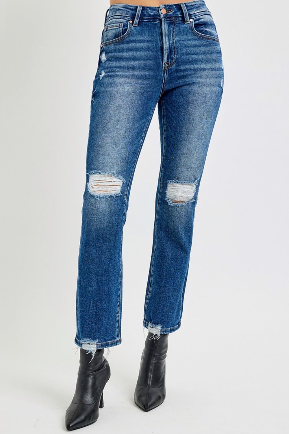 RISEN - Dark Wash High Rise Distressed Crop Jeans