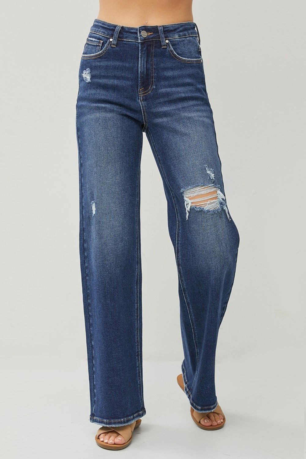 RISEN - Dark Wash High Rise Distressed Wide Leg Jeans