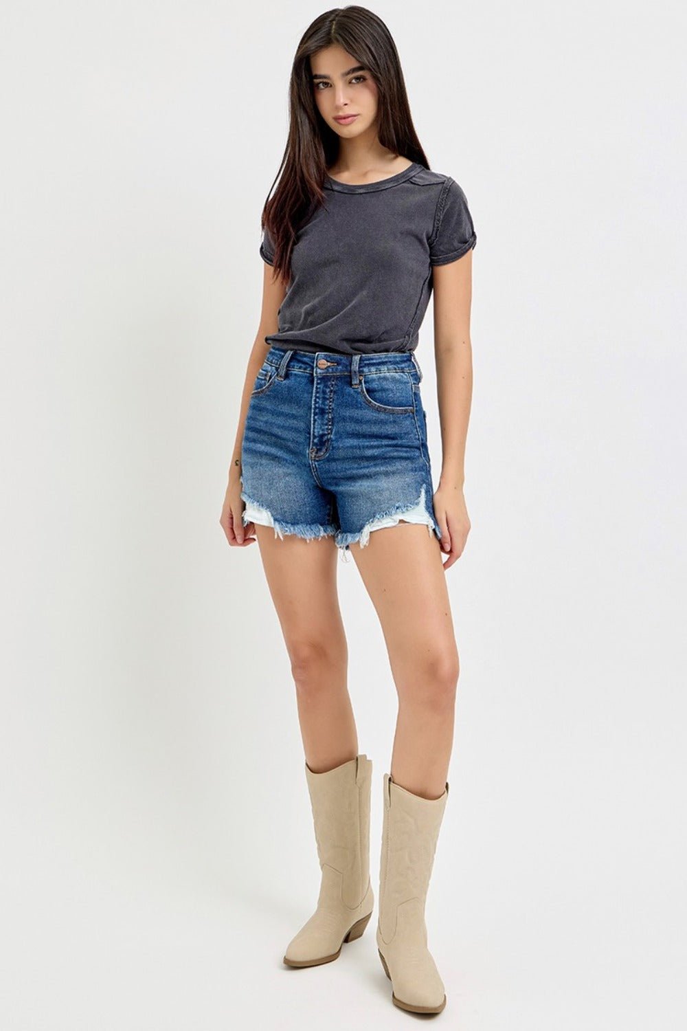 RISEN - Dark Wash High Rise Side Step Hem Denim Shorts