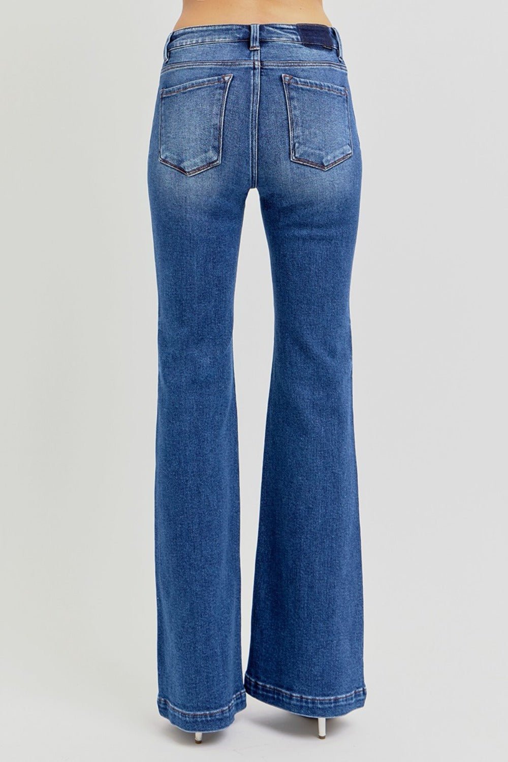 RISEN - Dark Wash Low Rise Flare Jeans with Pockets