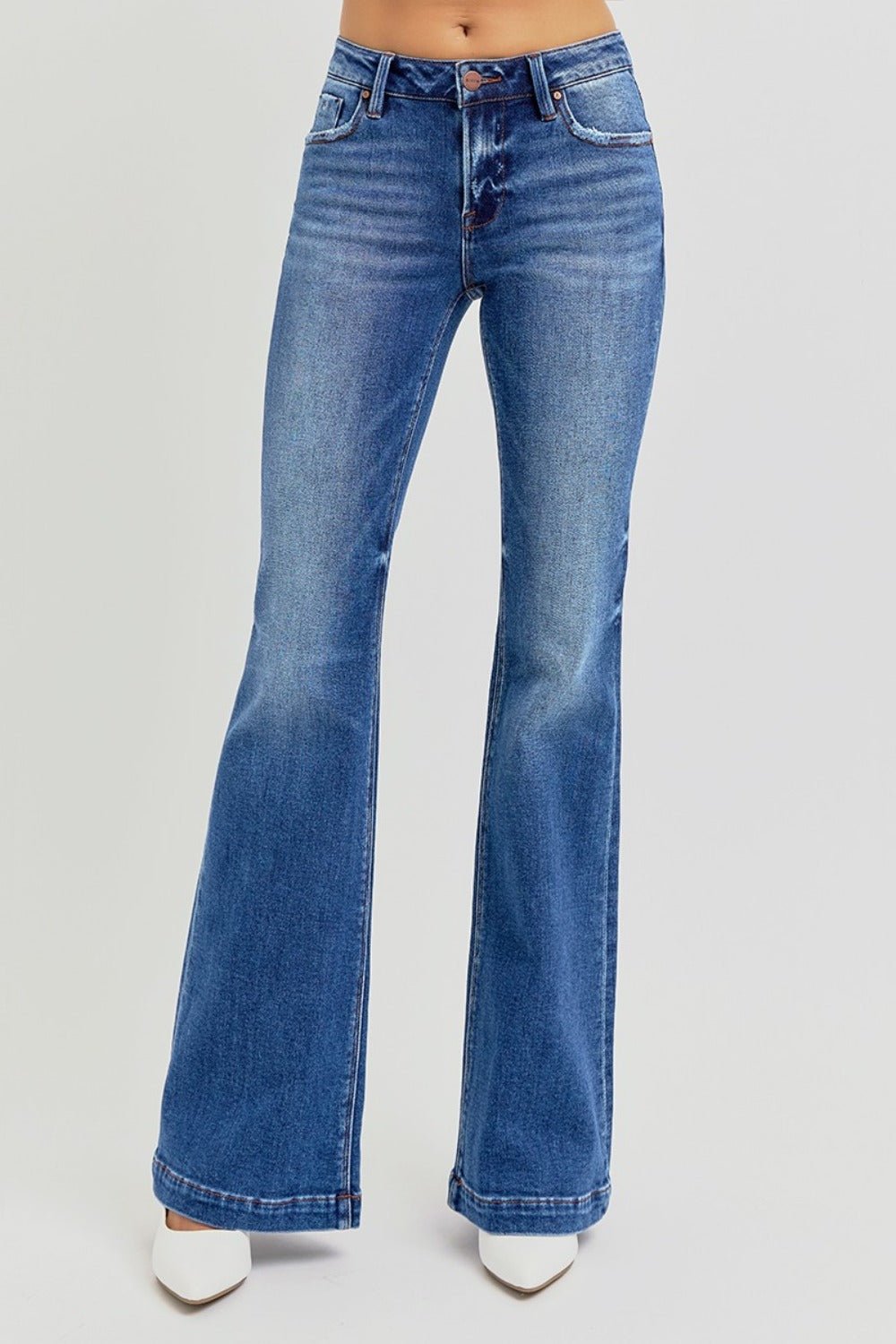 RISEN - Dark Wash Low Rise Flare Jeans with Pockets