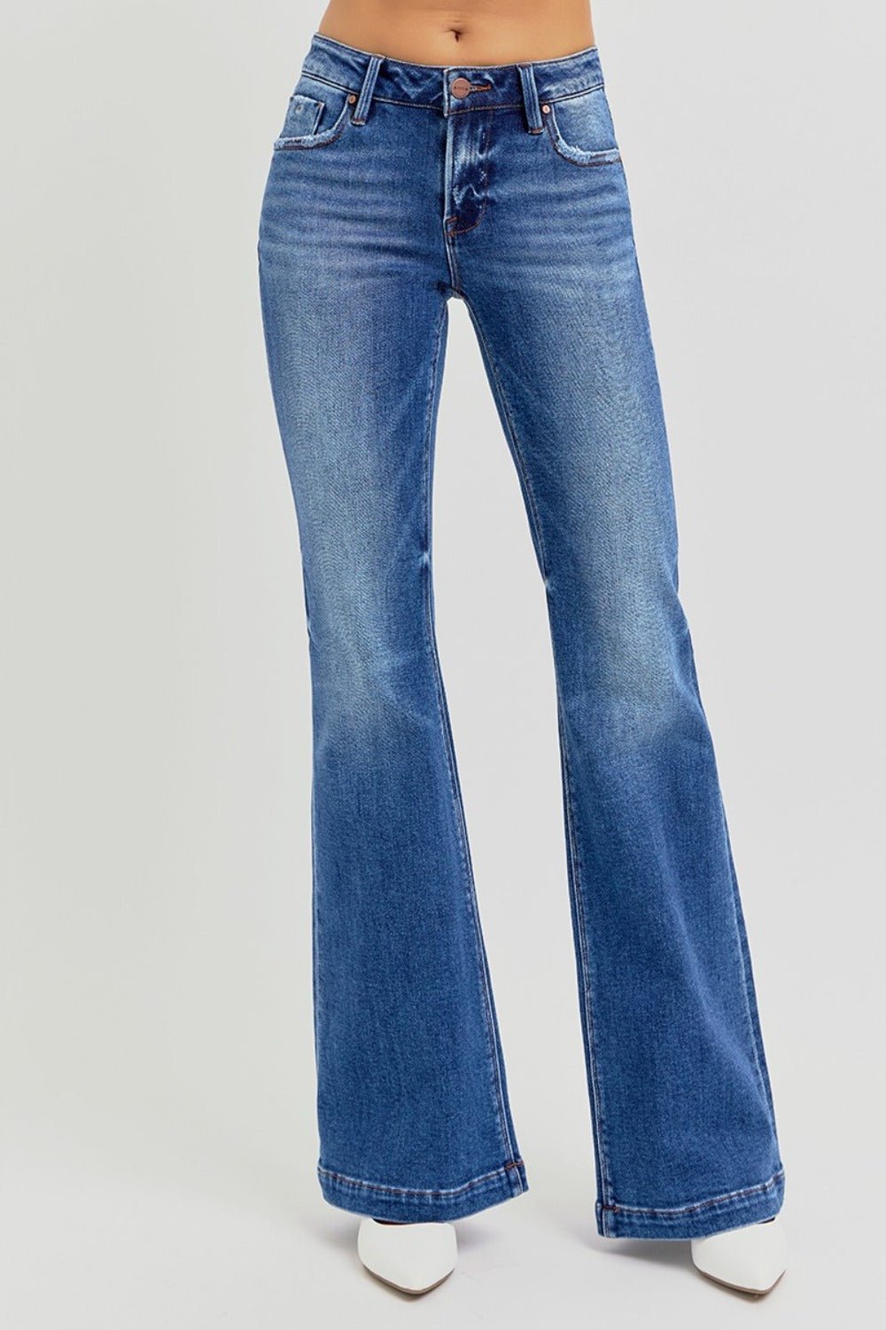 RISEN - Dark Wash Low Rise Flare Jeans with Pockets