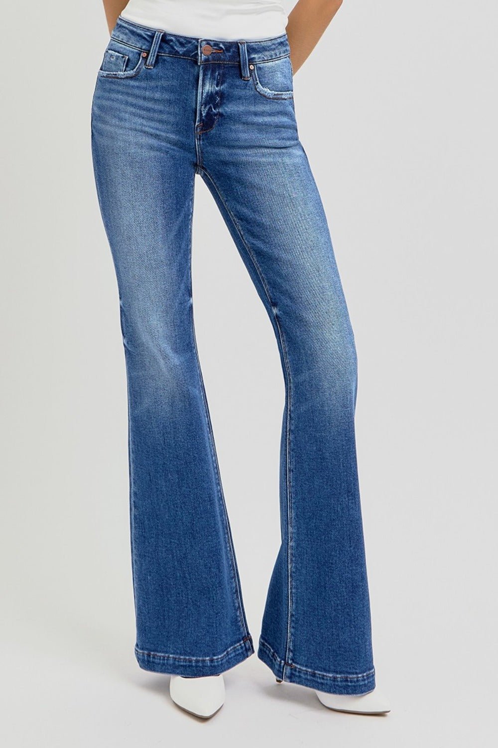 RISEN - Dark Wash Low Rise Flare Jeans with Pockets