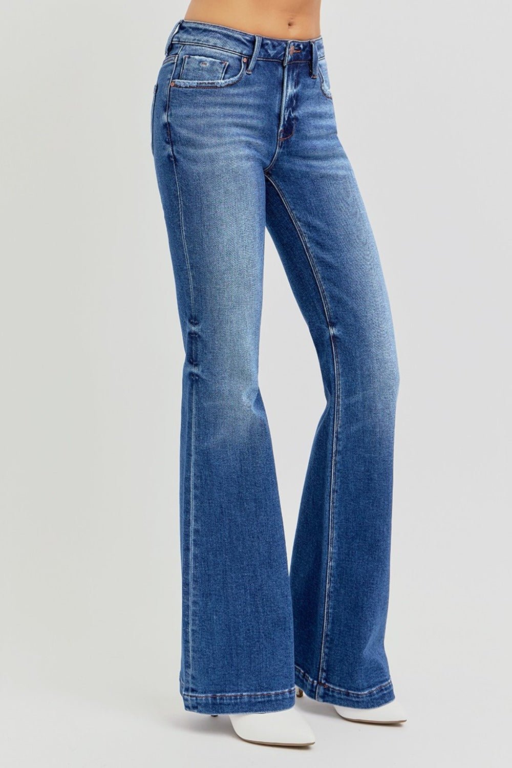 RISEN - Dark Wash Low Rise Flare Jeans with Pockets