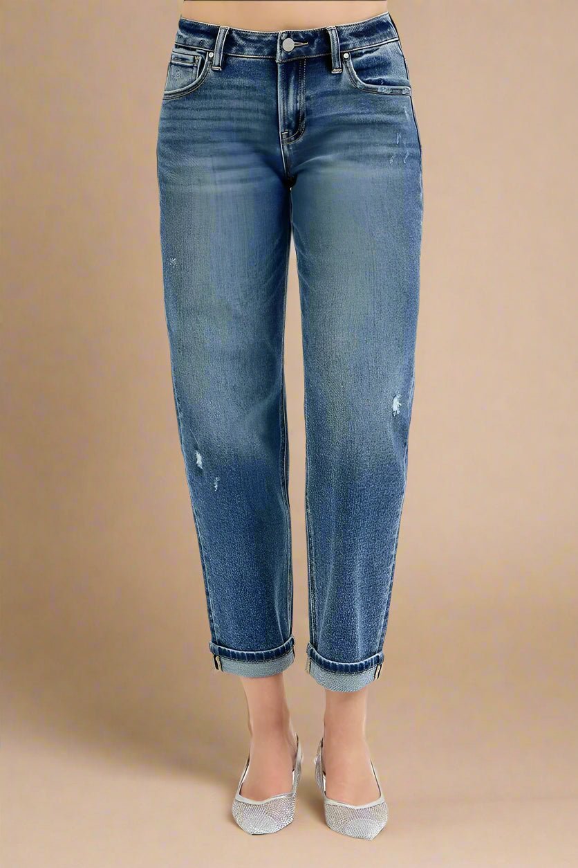 RISEN - Dark Wash Mid Rise Boyfriend Jeans with Cuffed Hem