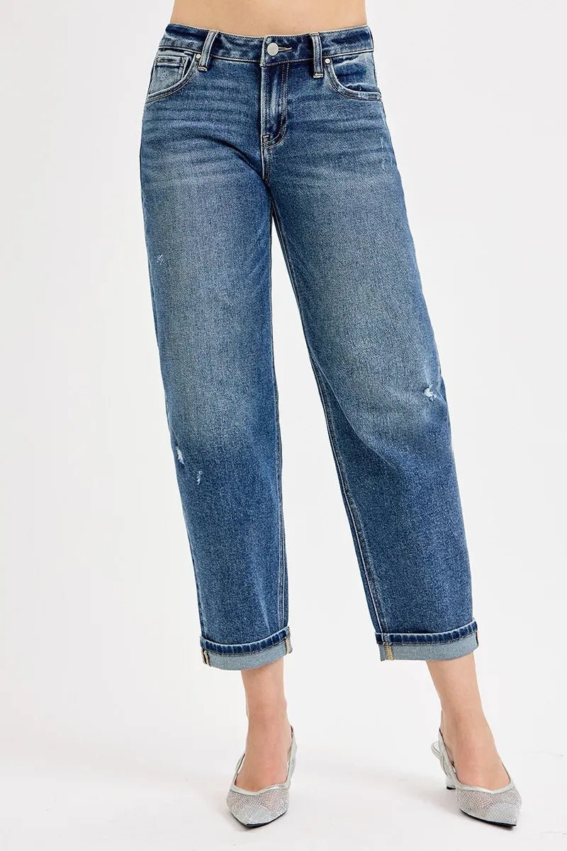 RISEN - Dark Wash Mid Rise Boyfriend Jeans with Cuffed Hem