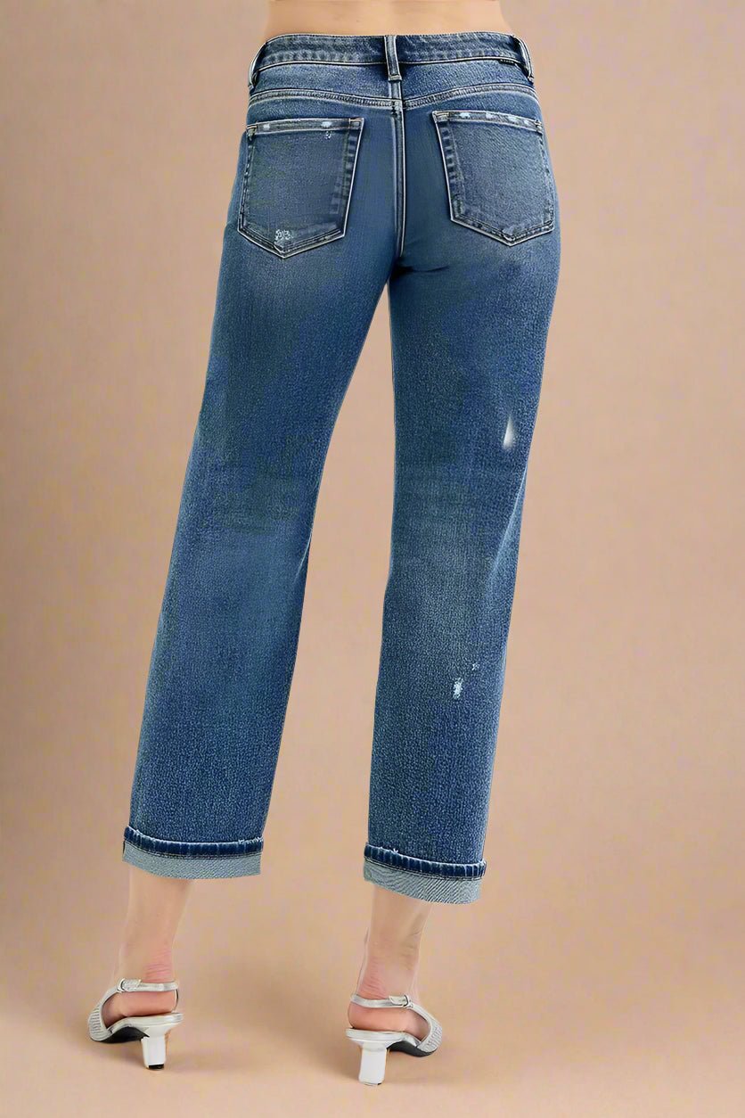 RISEN - Dark Wash Mid Rise Boyfriend Jeans with Cuffed Hem