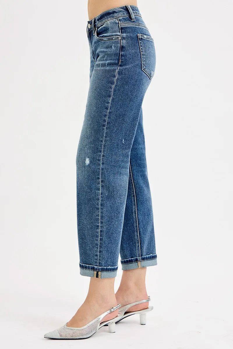 RISEN - Dark Wash Mid Rise Boyfriend Jeans with Cuffed Hem
