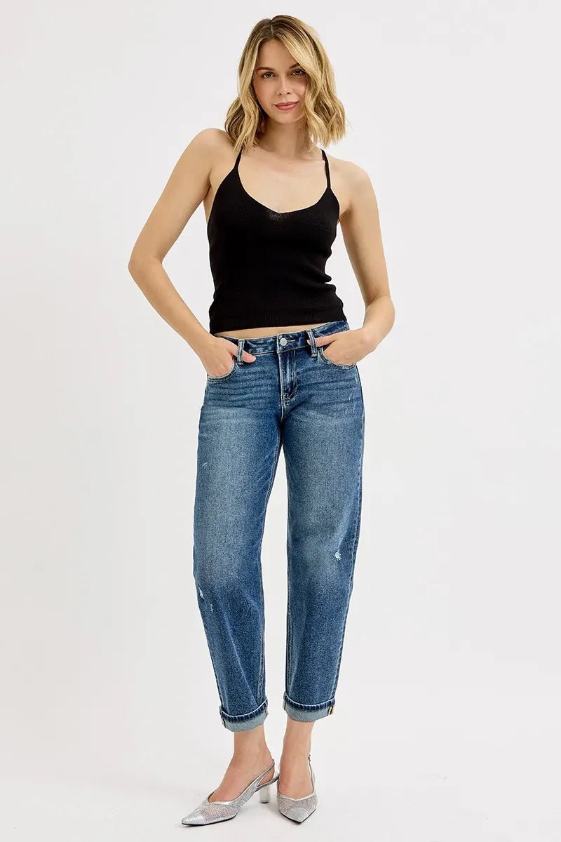 RISEN - Dark Wash Mid Rise Boyfriend Jeans with Cuffed Hem