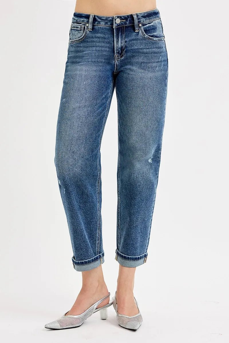 RISEN - Dark Wash Mid Rise Boyfriend Jeans with Cuffed Hem