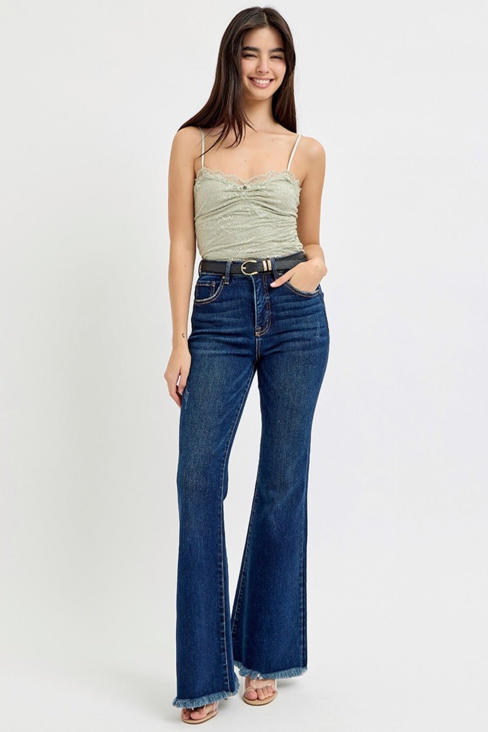 RISEN - Dark Wash Tummy Control Frayed Hem Flare Jeans