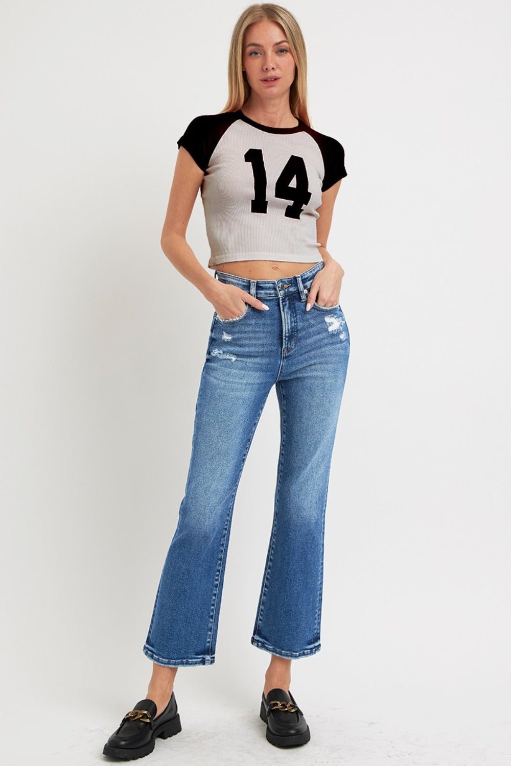 RISEN - Dark Wash Tummy Control High Rise Crop Bootcut Jeans