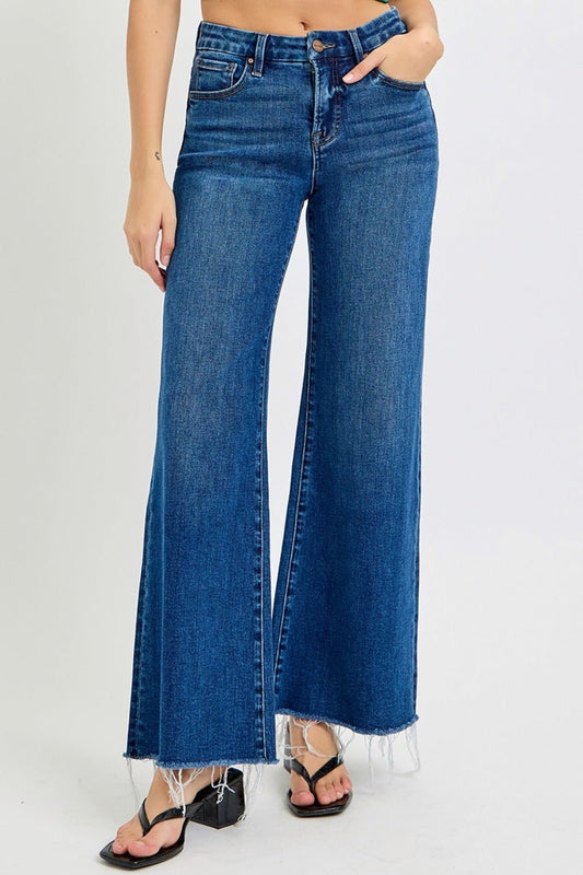 RISEN - Dark Wash Tummy Control High Rise Wide Leg Jeans