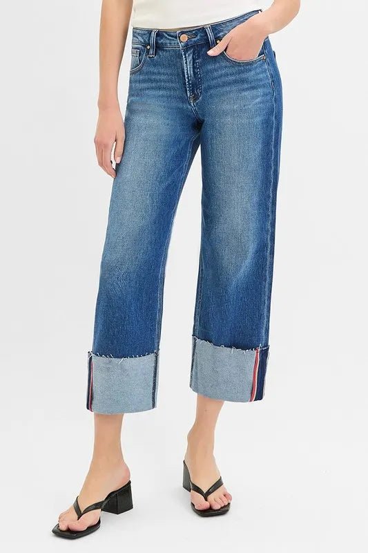 RISEN - Dark Wash Wide Leg Jeans with Cuffed Hem