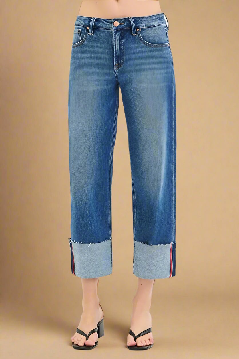 RISEN - Dark Wash Wide Leg Jeans with Cuffed Hem