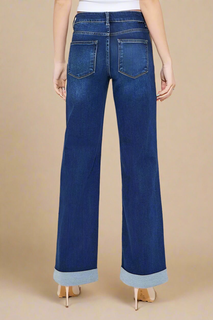 RISEN - Dark Wash Wide Leg Jeans with Cuffed Hem