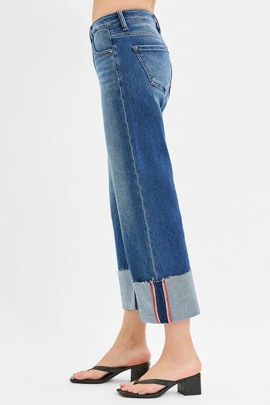 RISEN - Dark Wash Wide Leg Jeans with Cuffed Hem