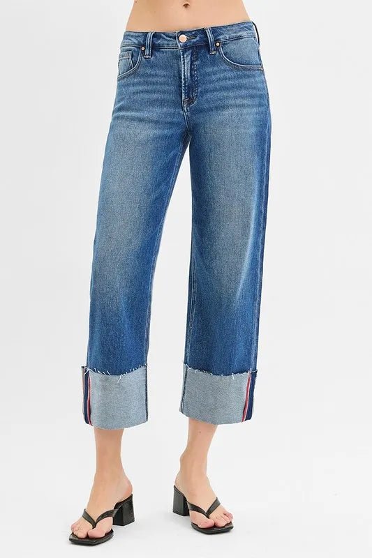 RISEN - Dark Wash Wide Leg Jeans with Cuffed Hem